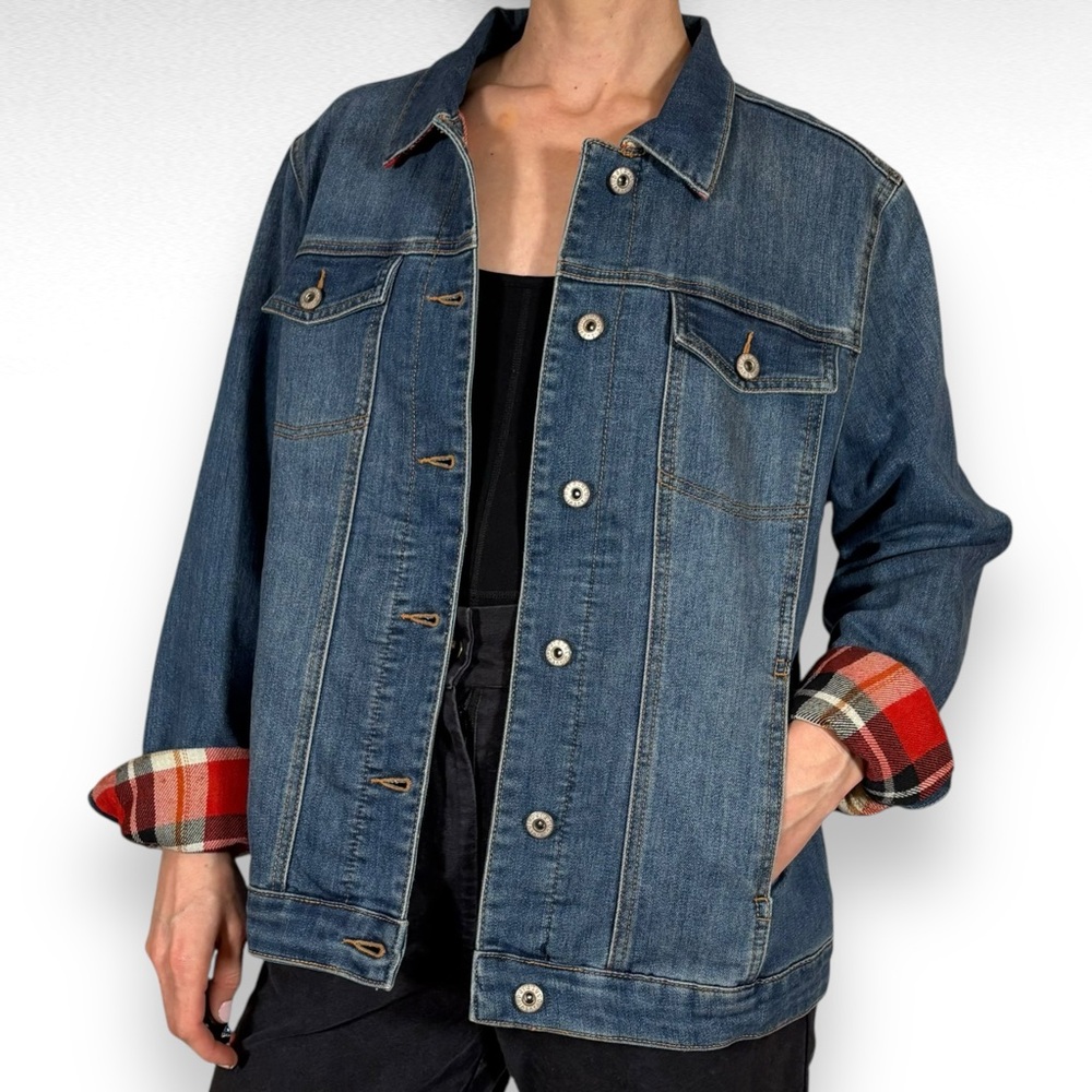Classic Denim Jacket with Plaid Accents - Picture 2 of 9